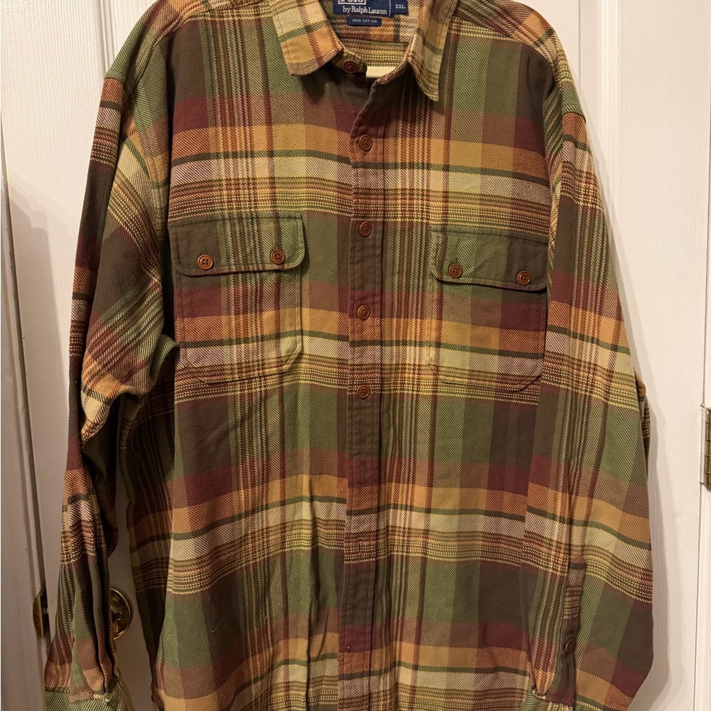 Ralph Lauren Plaid Flannel Shirt Jacket in Olive, Brown & Gold